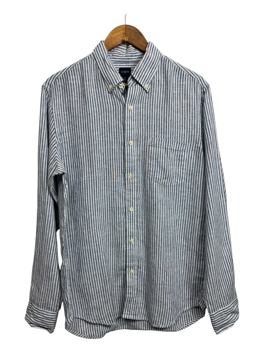 J. Crew Men's Navy and White Vertical Stripe Button-Down Shirt Slim Fit Linen
